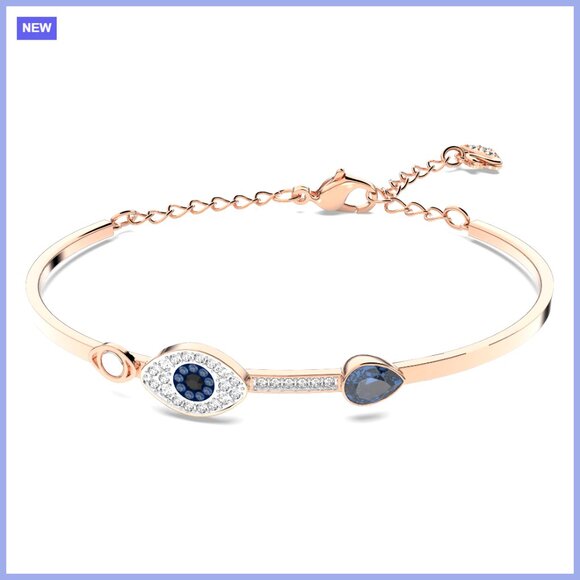 Evil Eye Bangle Bracelet with Blue Crystal Mixed Metal Finish